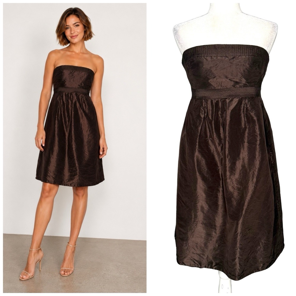 J Crew Strapless Dress 0 XS Brown 100% Silk Satin Lined Babydoll Empire Waist